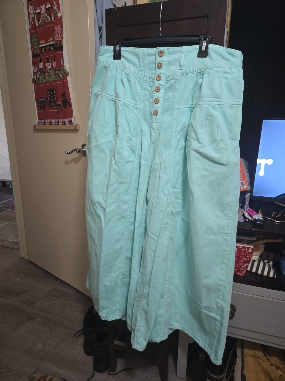 We The Free Pastel Aqua High-Waist Button-Front Pants With Stretch Back
